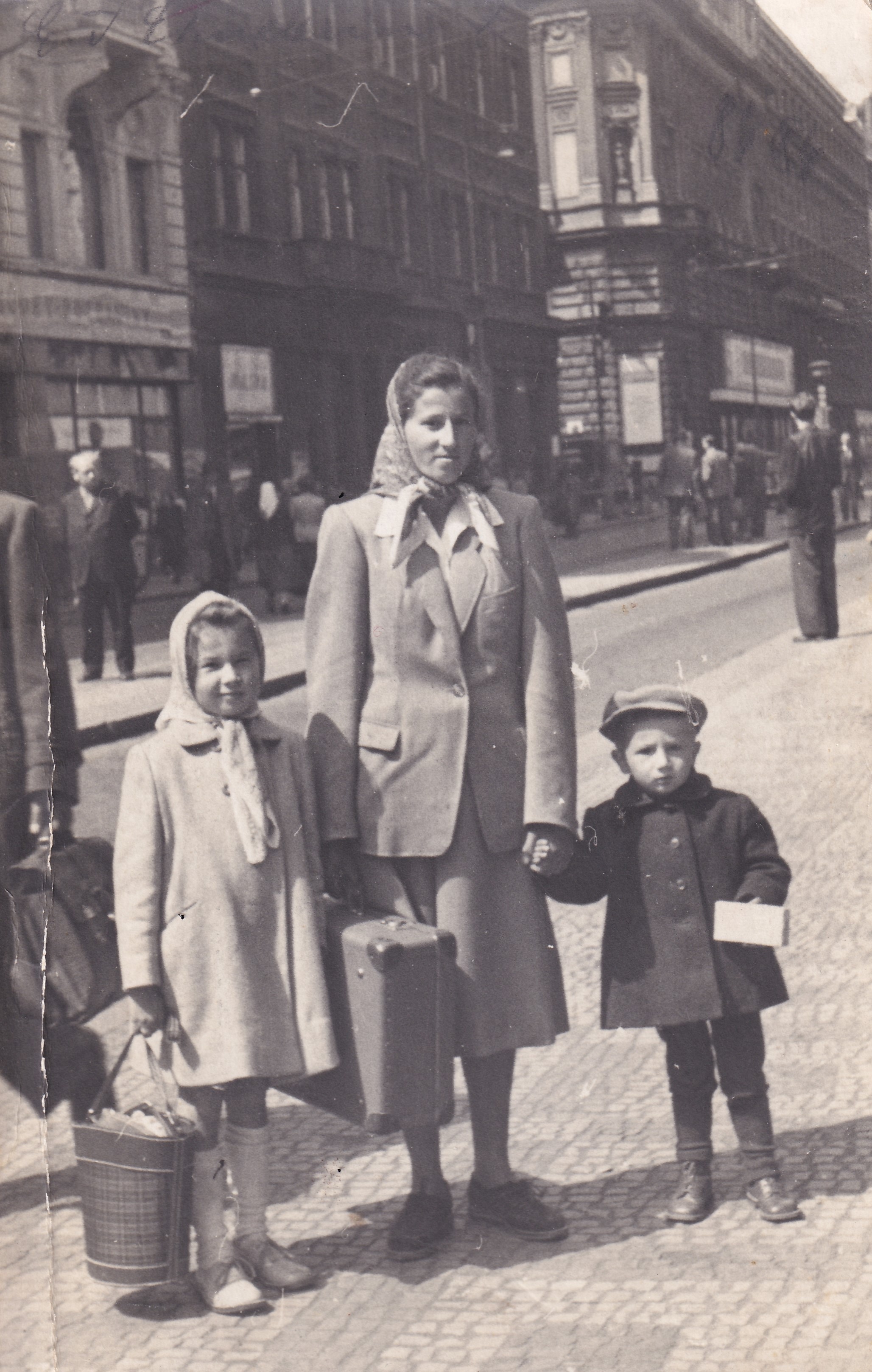 Miroslava Galásková with her mother and brother in Prague on the way to Stara Ves nad Ondřejnicí (ca. 1954)