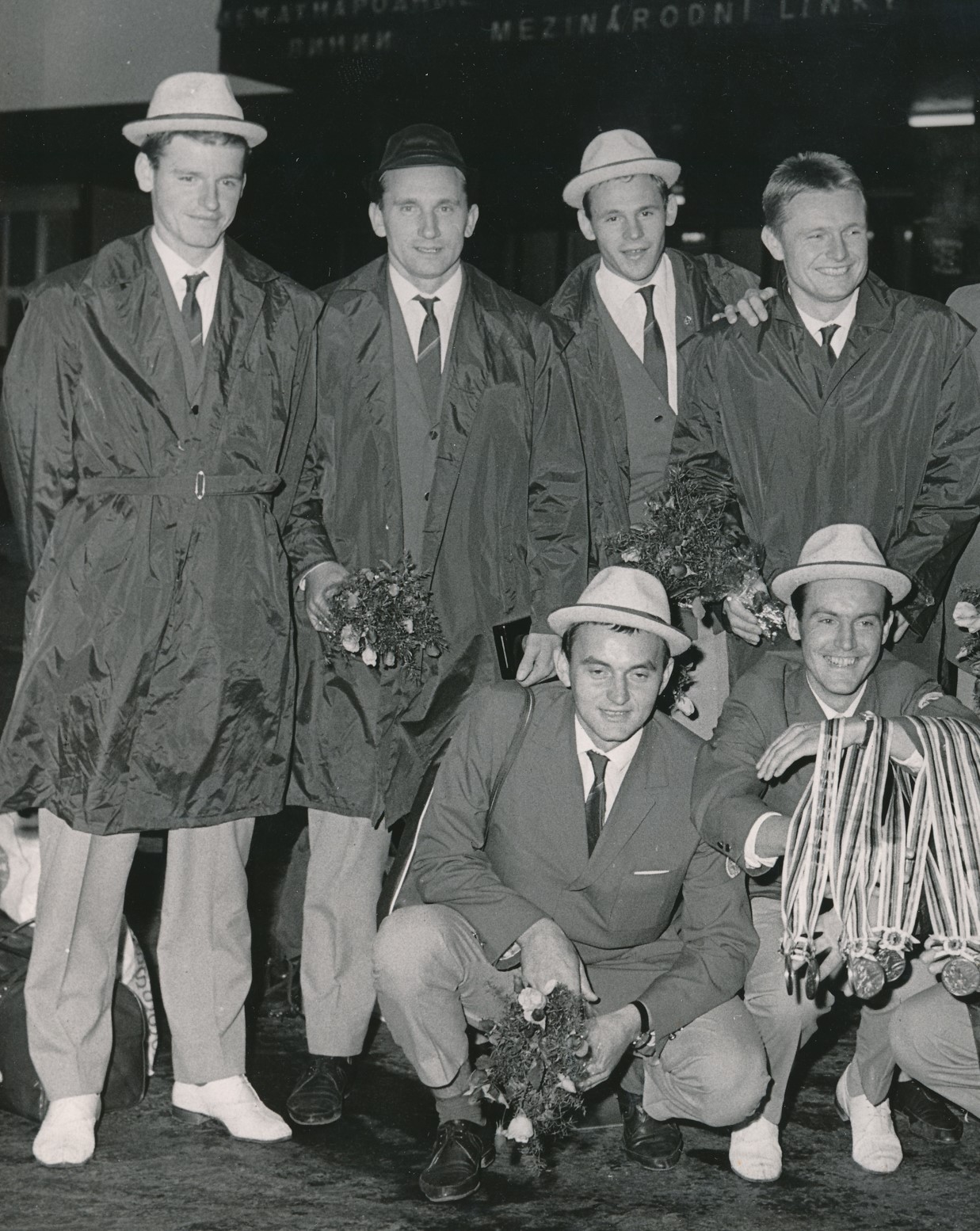 Petr Cermak (far left) pictured with medals from the 1964 Tokyo Olympics where the Czechoslovak eight came third