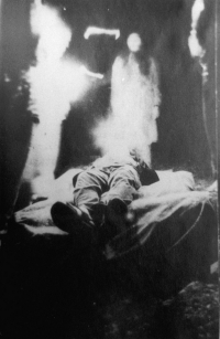 Photograph from the theatrical performance Panychida for Humanity (author Zdeněk „Krokodýl“ Dudek + Tonda Ďuriš from Třemešek), which took place at the Sunday festival in Třemešek in 1985