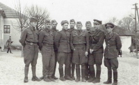 Staff of the training battalion, rhe commander of Brezana (the witness is in the middle next to the Russian officer), April 16, 1945 
