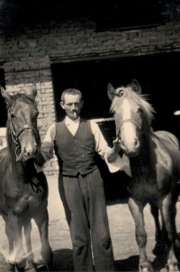 Otec Ludmily Machalové u Bakalových s koňmi