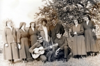 Adam Rucki as a seminarian (with a guitar), with nuns in Bílá Voda / 1970