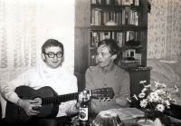 Adam Rucki (with a guitar) visiting a friend in Uherský Brod / 1974