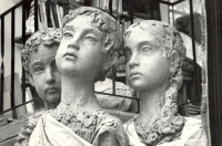 Three large clay sculptures of Lidice children
