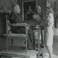 Marie Uchytilová making a bust of archbishop Josef Beran