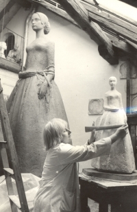 Marie Uchytilová working on a statue of Barunka for the city Česká Skalice - heroic statue and one-third o it on the right (1969)