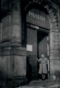 Marie Uchytilová in front of the entry to the Museum of West Bohemia (late 1940s)