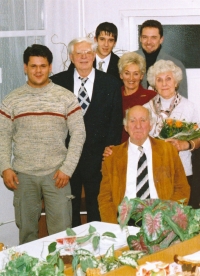 Celebrating Marta Dittrichová's 80th birthday. Brother Milan, sitting, husband Karel Dittich, standing, next to Marta, her niece Ida, daughter of her sister Eliška