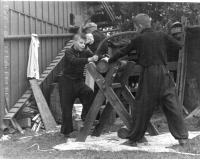 The Sedláček brothers help their grandfather cut wood