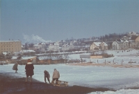 Children's playground near Fialka in Říčany, in the background on the left Bartoš's steam mill (photographed on then rare color film), 1942