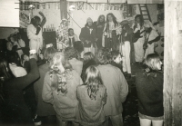 Petr Tomíšek (the second one from the right, with the bass guitar) during the first and only performance of the superpunk rock band Hymen & Deflorace Band (Nová Víska, New Year's Eve 1978) 

