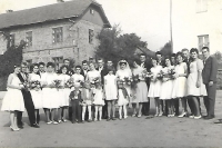Josef Bock, a brother of the witness (the first one from the left), as a bridesman at a friend's wedding. Újezd 1956.

