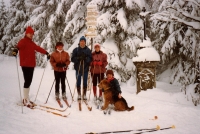 Skiing in Horní Maršov, Eva on the right with the dog / 1985