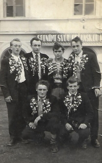 Josef Bock (the first one from the left), a brother of the witness, with friends during the recruitment to the military service in Klobouky, 1955.

