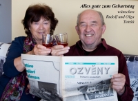 With his wife at the celebration of the third anniversary of his own newspaper Ozvěny	