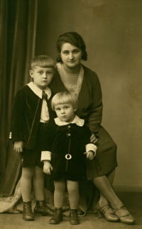Milada Nováková (an aunt of Vlastimil) with her sons Miroslav and Vladimír, Hranice, not dated