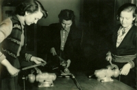 Marie Pecková, her classmate Jonáková, her classmate Kavalová economic school - workshops, Prague - Vinohrady, 1954-1958
