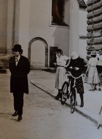 Roman Vlasák in Přelouč, wearing period clothing during a historical procession (1970s)