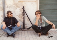 Ladislav Vavřík with František Řezníček, a photographer from Ostrava, travelling somwhere in South Europe; 1991 