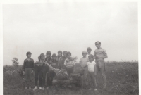 Martin Ehrlich (down in the middle in slack pants) as the leader of an illegal group of ministrants while staying at the so-called Chaloupky - secluded in Lhota near Borovany in the Southern Bohemia. (first half of 1980s)