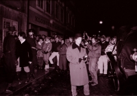 A theatrical performance in the Havlíčkův Brod town square of K.H. Borovský's kidnapping to Brixen, approx. December 1989. (photo courtesy of Vysočina Museum Havlíčkův Brod)