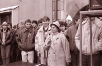Eva Rusňáková, a teacher, supports students during the general strike in Havlíčkův Brod town square on November 27, 1989 (photo courtesy of Vysočina Museum Havlíčkův Brod)