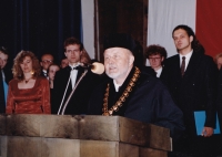 The dean Ivan Ruller is giving speech during graduation of students of the Faculty of Architecture of Brno University of Technology, the witness Martin Laštovička is standing on the right 