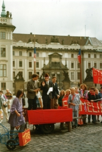 From the happening in front of the Castle against the completion of the Temelín NPP, around 1993. Jaromír appeared in disguise as the former Czech president, Gustáv Husák