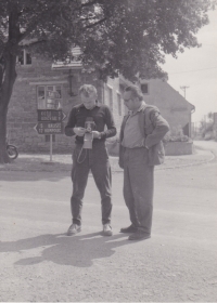 Radomil's brother Karel Lhotka, and Mr. Štědrý at the town square in Zahrádka