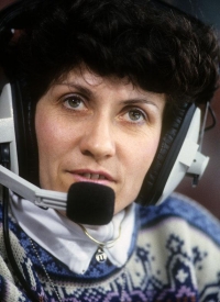 Květa Jeriová Pecková at the commentary station in Lillehammer, the venue of the 1994 Winter Olympics