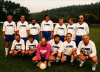 A football team composed mostly of ODA (Civic Democratic Alliance) members, standing - Jiří Skalický (the second one from the left), Daniel Kroupa (the second one from the right); sitting - Dušan Kulka (the first one from the left), Libor Kudláček (the second one from the right), Tomáš Ježek (the first one from the right), mid 1990s
