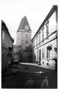 Panská street, view with the Rabenštějn tower at the time when Libor moved to České Budějovice in the 1980s  