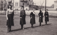 A civil defense drill; photo is from the school yard (April 25, 1956); Věra Rolečková is on the left