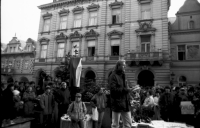Hynek Faschingbauer speaks to demonstrators at Domažlice Square on Wednesday 22, November 1989 - the Velvet Revolution begins here