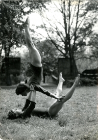 Practicing gymnastics at the Faculty of Physical Education and Sports. Anna Hogenová, bottom. Middle of the 1960's.