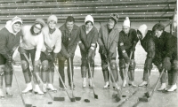 Hockey match at the Faculty of Physical Education and Sports. Anna Hogenová, far right. Half of the 1960's
