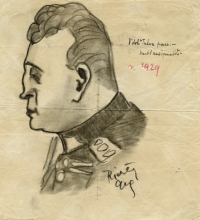 Caricature of Col Zdeněk Vltavský - military expert in the trial of Vojtěch Tuka
