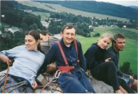 František Jaroš with his rock climber friends on the rock face above the castle Adršpach 