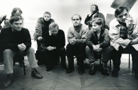 Civic Forum Coordination Centre meeting at the Young Gallery (currently known as U Řečických Gallery), from the left Miroslav Masák, Stanislav Milota, Václav Havel, Petr Pospíchal, Ladislav Hanzl, ??, Jiří Bartoška; Praha, 21. 11. 1989
