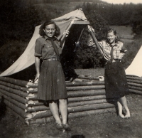 Olga Vetešníková with friend Stáňa Poláková at the last scout camp before scouting was forbidden. Planá, Michalovy hory, 1948