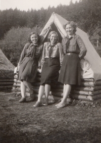 With Stáňa Poláková and Květa Štraubová at the last scout camp before the ban, Planá, 1948