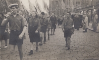 Olga Vetešníková in the First of May procession in front of the Wilson Station in Prague, May 1947
