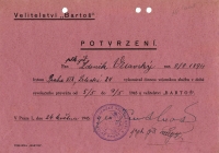 Confirmation of the Headquarters "Bartoš" on the participation of Colonel Zdeněk Vltavský in the Prague Uprising.
