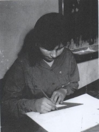 Magda as a gifted student of the high school in the costume of a member of the czechoslovak youth club, a winner of the competition in geometry, Stropkov 1961
