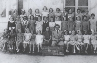 Magda (sitting the third one from the bottom right) in 2nd year, Stropkov 1952/3
