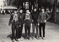 Valenta, Jiří Soukup (second from the left, in a sweater), Frančík, Tabaček, Doležel on the tracks 