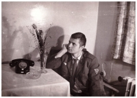 Miroslav Kučera in a relaxation room of the medical center of the Border Guard Headquarters in Prague, in a uniform before a walk (1969 - 1970)
