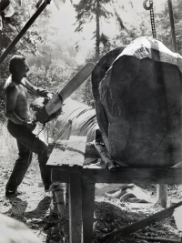 Zdeněk Macháček working on a piece, "Man and Nature", using the Beaver (Bobr), a prototype of a Czech-made chainsaw, photo by Josef Tichý, 1968 

