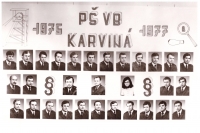 A photo board of the class of the Warrant Officer School of the Public Security (State Security), Miroslav Kučera in the middle row, the second one from the left

