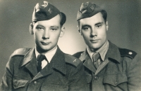 Vladimír Grégr (on the left) in an Air Force uniform, his brother Eduard (on the right) in a PTP (Auxiliary Technical Battalions) uniform; Košice, 1954 

